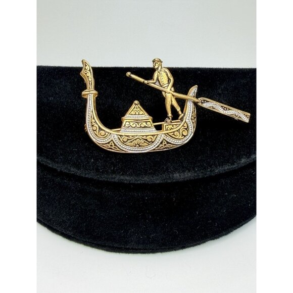 Vintage Spanish Damascene Venetian Gondola Brooch Pin Signed Spain Toledo Style - Picture 2 of 7